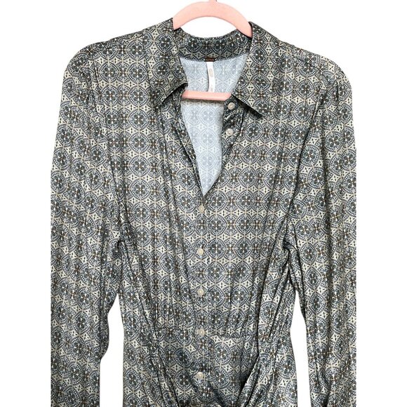 Free People Silky Rillo Shirt Dress Blue Multi XL - Picture 8 of 11